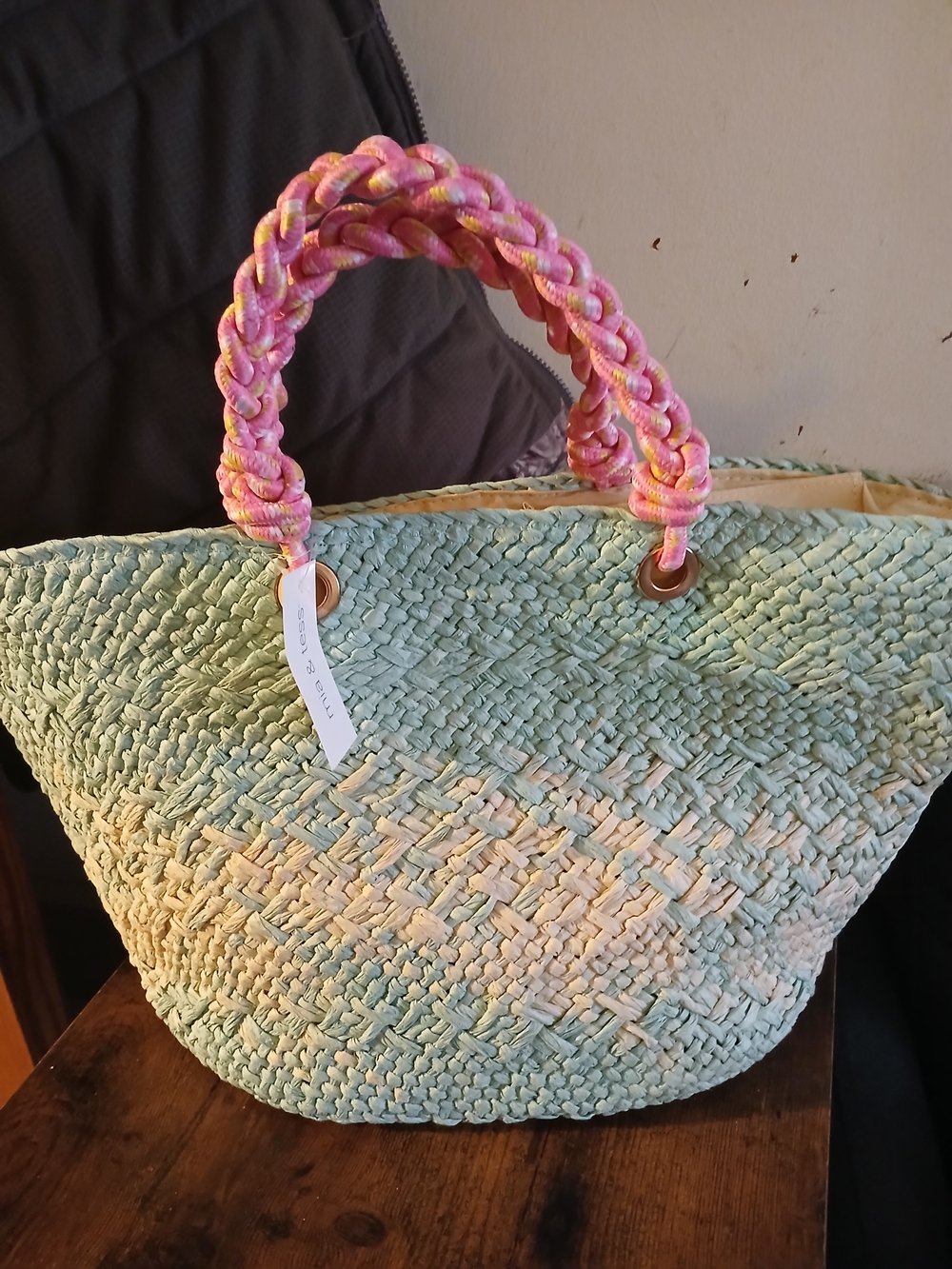 Mint Green Woven Tote with Pink Braided Handles
